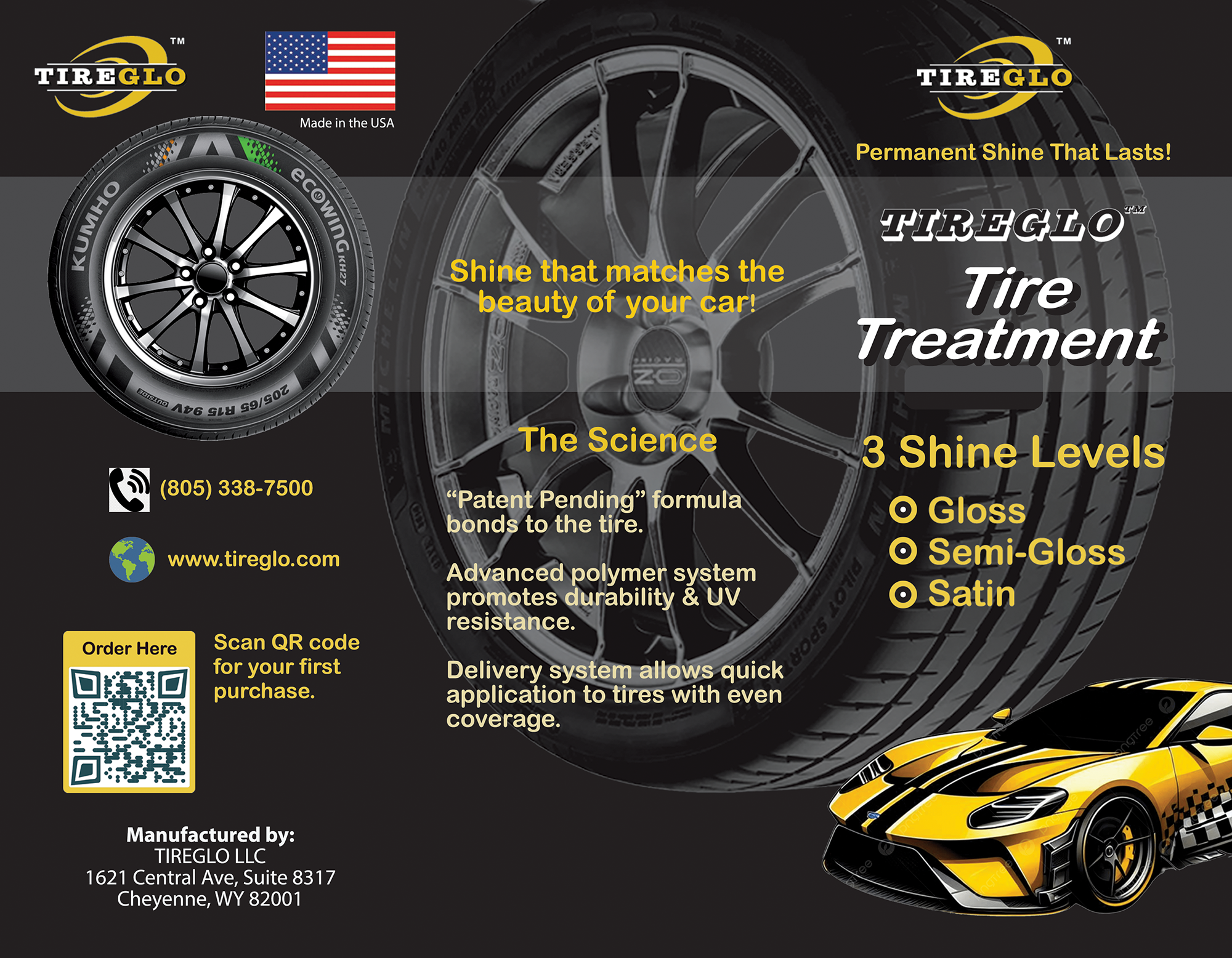 TireGlos Tire Treatment brochure outside panel — 3 shine levels, the science, contact information